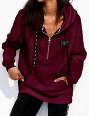 PINK Sherpa Half Zip Pullover Hoodie Jacket  Burgundy