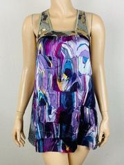 Custo Barcelona Mix Media Funky Artsy Print Sequins Metallic Sleeveless Top 1 XS