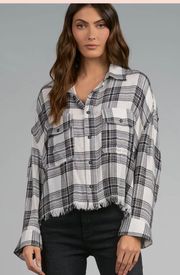 -Brie black and white plaid top with fringed hemline size Large NEW