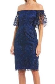 Trina Turk Blue Black Embroidered Lace Off The Shoulder Sheath Event Dress Sz 14