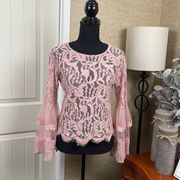 SAY What? Lace Top Size Large Bell Sleeve Lace Pink Flare Sleeve Eyelash