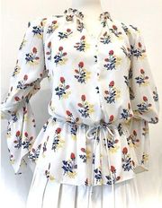 Derek Lam Silky Floral Ruffle Drawstring Blouse Plus Size (18-20) White Red