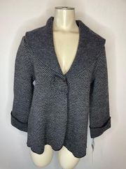 Susan Bristol Women's Large Wool Cardigan Sweater Jacket Grey Micro Chevron NWT