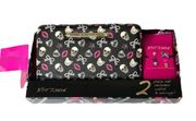 Betsey Johnson Skull Hearts Stars Lips Cat Zip Around Wallet and Earrings Black