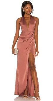 Nookie Stella Satin Plunge Gown in Mocha XS NWT Sleeveless Maxi Halter