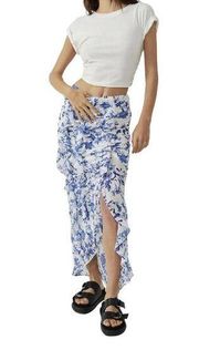 Free People White/Blue Floral Flounce Around Maxi Skirt Ruffle Side Zip 0 NWT