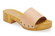 Saychelles Clog Sandals Womens Size 8 Tan Wooden Heel Leather Studded Strap