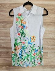 Linen Floral Print White Button Tank Women’s Small