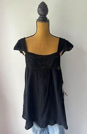 Ruff Hewn Black Tank Top with Crochet Sleeves Chest Details Size XL