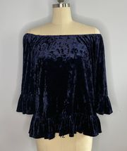 Blue Crushed Velvet Peplum Top- Size Large