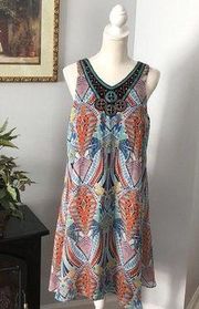 Madison Leigh Dress Women 10 Fit & Flare Lined Sleeveless Embellished Colorful