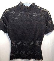 Womans black high neck sheer lace short sleeve crop top sz xsmall