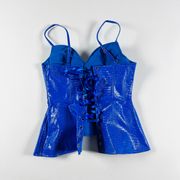 Akira Faux Vegan Leather Croc Embossed Lace Up Bustier Corset Tank Top Blue S