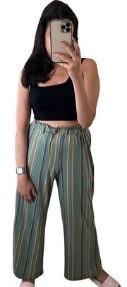 MONTEAU LOS ANGELES Paperbag Striped Green High Waist Summer Pants Large