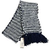 NWT Lands' End Lambs Wool Knit Scarf Navy White Stripe Fringe 72 Inches