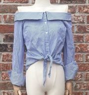 Romeo & Juliet Couture blue and white pinstriped collared crop top / M / NWOT