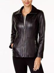 NEW Size XS Womens Michael Kors Black 100% Genuine Lambs Leather Zip-Up Jacket