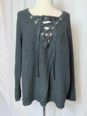Gray Knitted Criss Cross Lace Up Sweater