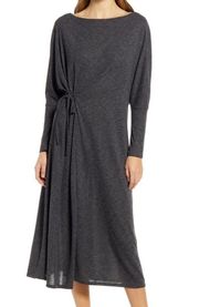 New  Cozy Knit Long Sleeve Wrap Dress Side Tie Midi Charcoal Grey