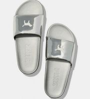 PINK Victoria Secret Silver Single Padded Strap Slides With White Logo Dog