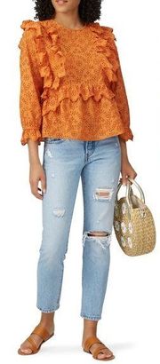 The Great. Eyelet Flutter Top Orange boho ditsy crochet solid ruffled ruffle