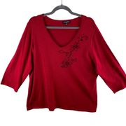 Notations NWT Red V-Neck 3/4 Sleeve Lightweight Floral Beaded Sweater Size 2X