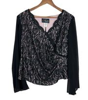 Alex Evenings Blouse Top Womens 1X Black Lace Long Sheer Sleeve Faux Wrap Sequin