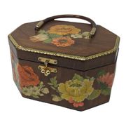 Vintage Wooden 1960s 1970s Box Purse with Floral Design Brown Orange and Yellow