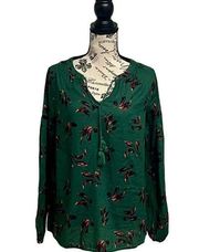 Sonoma Green Print Boho Tassel Peasant Cotton Blouse Top Womens Size M Tunic