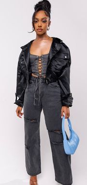 PLT black Baggy ripped Low Rise Boyfriend Jeans 