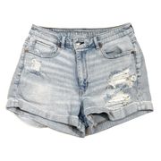 American Eagle Light Wash Distressed High Waisted Wrap Waist Mom Shorts 8 Denim