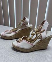 Schutz Women's Brynda Lace Up Espadrille Platform Wedges Cream Pink Size 6.5B