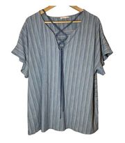 Skies Are Blue Stitch Fix  Blue Top Lace Up Striped 1X