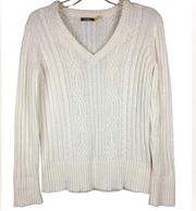 Cabela's Women's Cable Knit Sweater Pullover LS V-Neck Cotton White Sz Lrg
