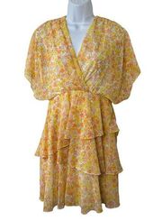 1. State Yellow & Orange Floral Tiered Blouson Flutter Sleeve Dress Sz Small NEW