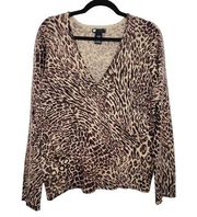 Carole Little Womens XL Lambswool Angora Blend Leopard Print Faux Wrap Sweater