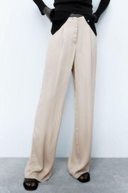 ZARA  Beige Satin Effect High Rise Wide Leg Full Length Pants Women’s Size Large