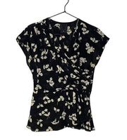 Anna Sui Black Cream Floral Short Sleeve Silky Blouse 2