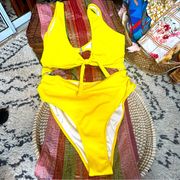 Bright Yellow Ribbed Faux Tie Side attached Monokini size 4XL