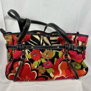 Talbots Bright Red & Pink Floral Fabric with Black Leather Straps Bag Purse