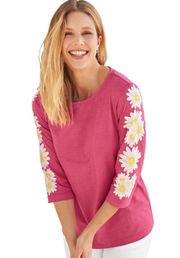 NWOT  Pink 3/4 Sleeve Print Knit Top Small Daisy Sleeve Graphics