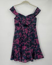 WAYF Sequin Floral Print Off Shoulder Fit & Flare Mini Dress Ruffle Hem NEW S