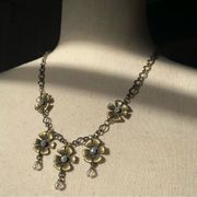 Handmade beaded brass flower necklace  floral pendant statement necklace 19.5”