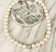 Nina Bridal Faux Pearl Strand Necklace Pave Crystal Bead Accent White Silver