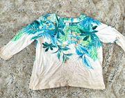 Alfred Dunner Petite Tropical Plant Print 3/4 Sleeve Cream Top Size Medium