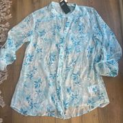 Kut From Kloth Blue Floral Blouse Top Medium M Long Sleeve Casual Botanical NWT