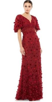 MAC DUGGAL Embellished Floral Lace Dress Short Sleeve Gown in Burgundy Size US 6