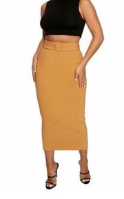 Naked Wardrobe High Waisted Pencil Bodycon Midi Skirt Tan Sz No Belt Shaping