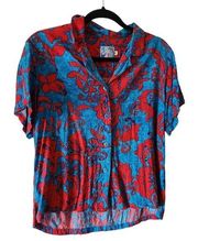Vintage  blue & red print Hawaii art-to-wear rayon top size medium