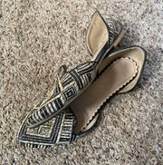 Restricted woven tribal neutral straw rattan d’orsay black beige flats 7.5